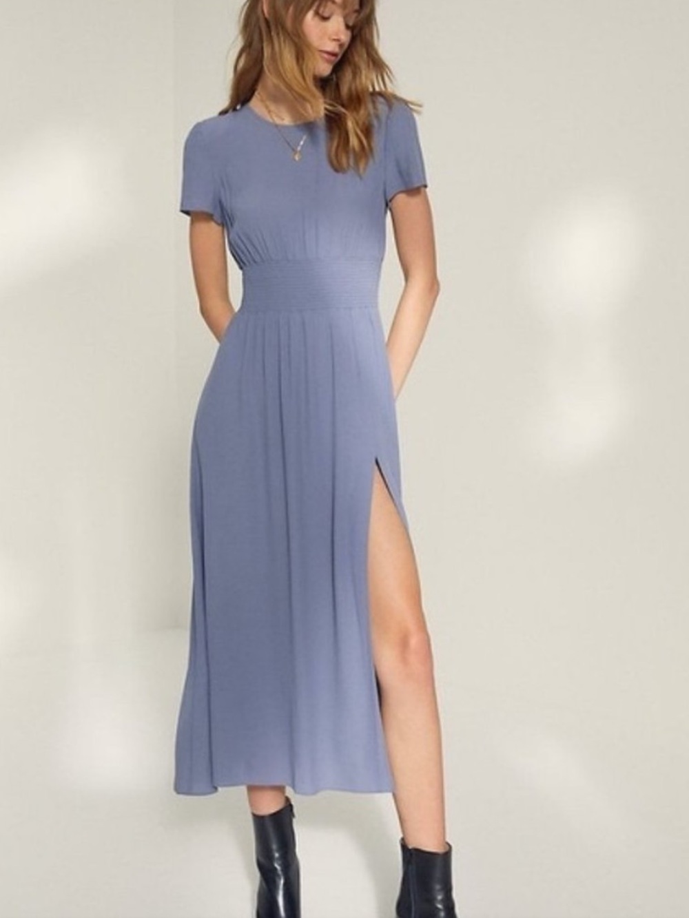 NWT Aritzia Wilfred Maxime Dress slit short sleeved blue